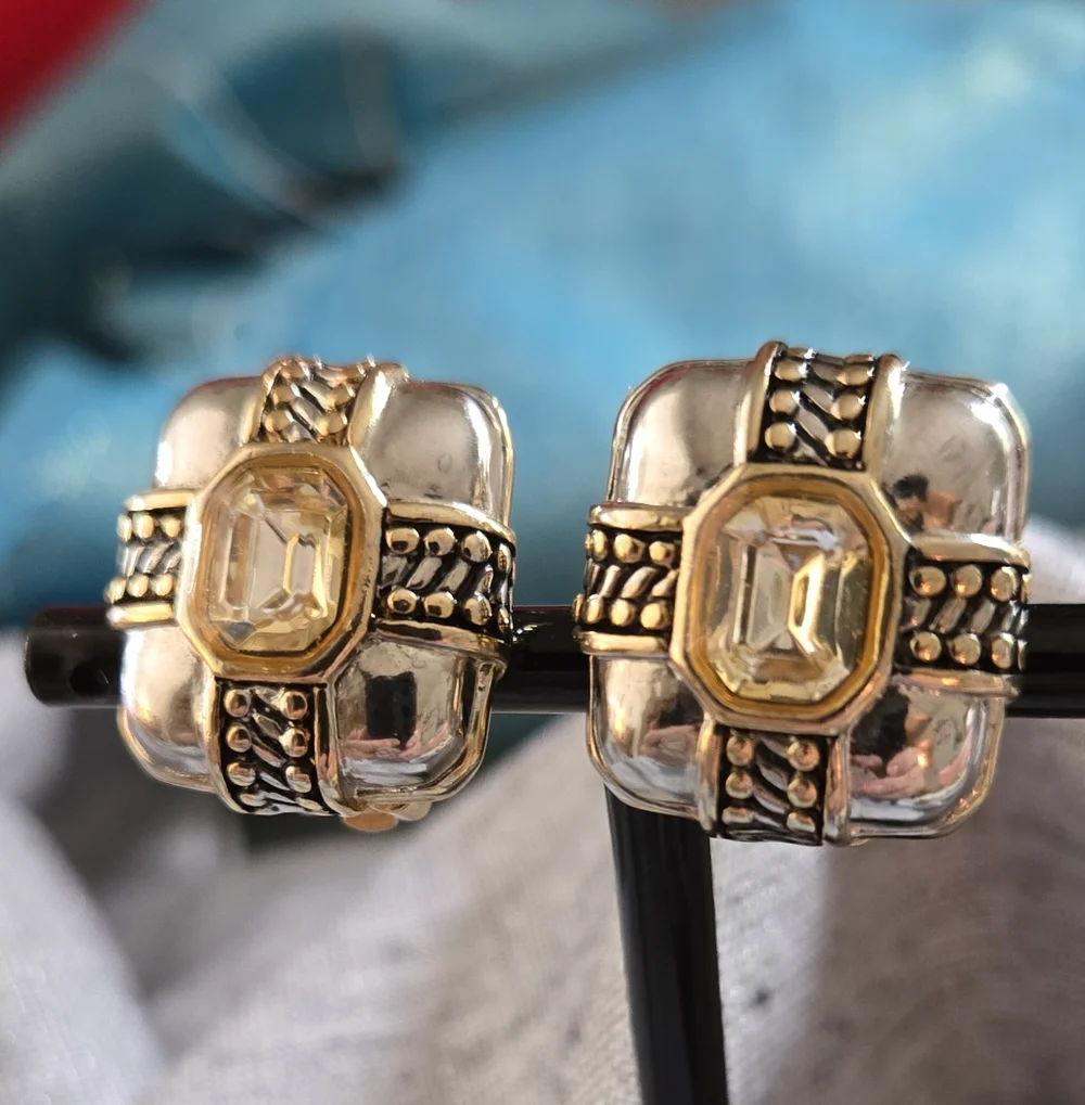 Two-Tone Clip Earrings Silver Tone Gold Tone Crystal 90's Designer Inspired - Picture 2 of 4